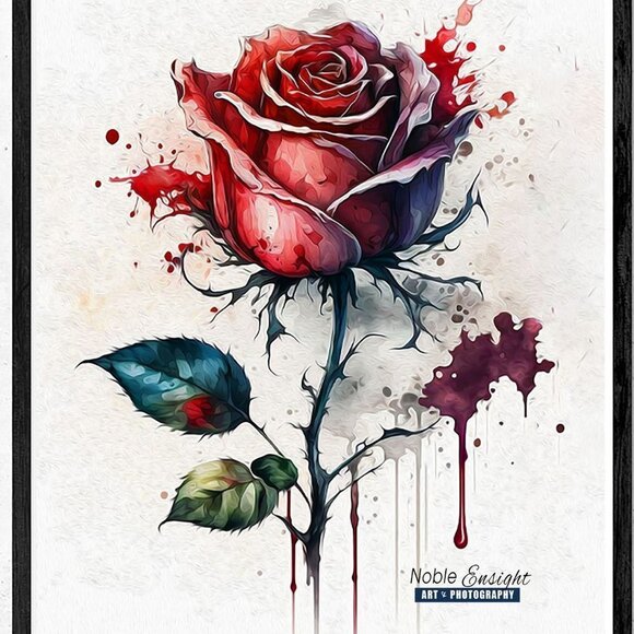 Beautiful Rose Illustration‎ Ink Splatter Art Watercolor Oil Painting Print - Picture 7 of 7